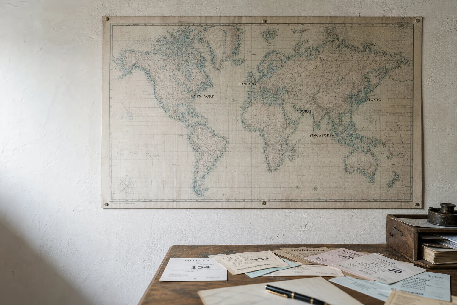 Editorial world map with thin meridians and paper auction tickets. City names are geographic labels only.