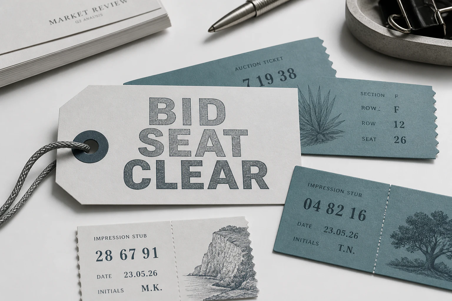 Paper auction tickets and impression stubs arranged as a still-life. Typography on the tag reads Bid, Seat, and Clear.